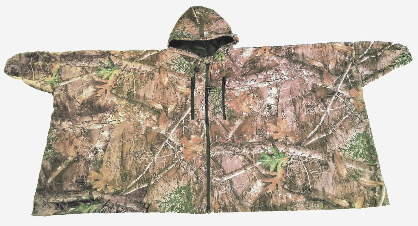 Brella 2015 Realtree Edge camo rain poncho, 20000mm waterproof and 15000MVT breathable, patented retractable hood for custom peripheral vision, side snaps for cross venting and snap-onBrella 2015 unisex Realtree Edge waterproof rain jacket 20000mm waterproof, 15000 breathable, packable, patented retractable hood for custom peripheral vision, cross ventilation, custom fit waist, non-restrictive upper body sleeves to keep you warm, or cool if off